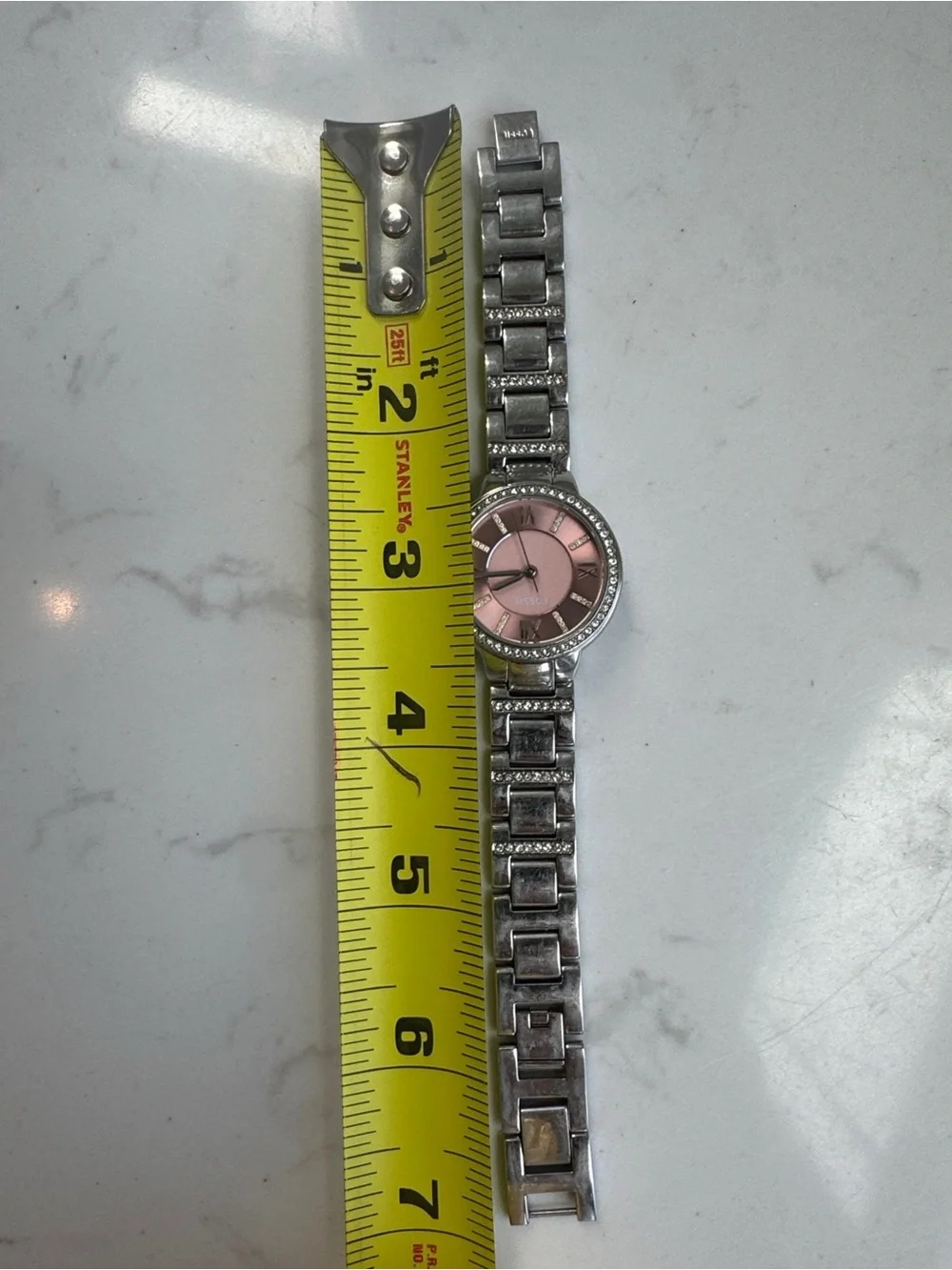 Fossil Virginia Stainless Steel 3 hand watch Pink Dial Crystals